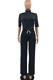 Green Women Casual Solid Color Tops Turn-Down Collar Pants Sets JR3652-4