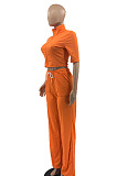 Orange Women Casual Solid Color Tops Turn-Down Collar Pants Sets JR3652-2