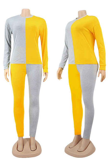 Gray Red Euramerican Sexy Women Autumn Spliced Color Block Long Sleeve Long Pants Sets KZ158-6