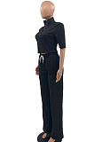 Orange Women Casual Solid Color Tops Turn-Down Collar Pants Sets JR3652-2