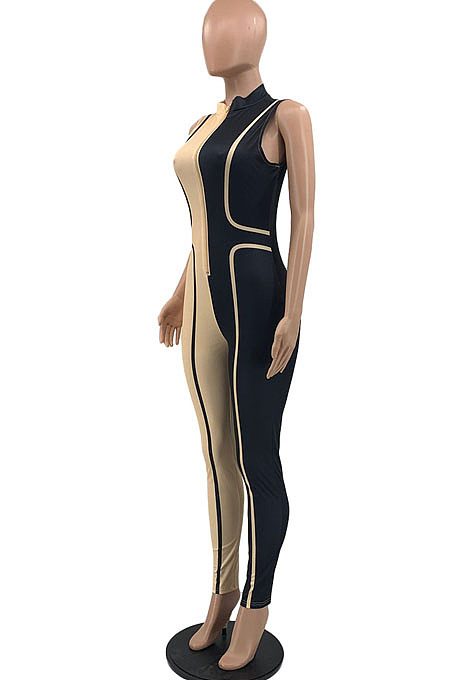 Blue Euramerican Women Tight Sleeveless Spliced Zipper Low Waist Bodycon Jumpsuits JR3649-4