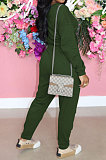 Army Green Casual Loose Long Sleeve T-Shirt Ruffle Pants Solid Color Sets TRS1160-1