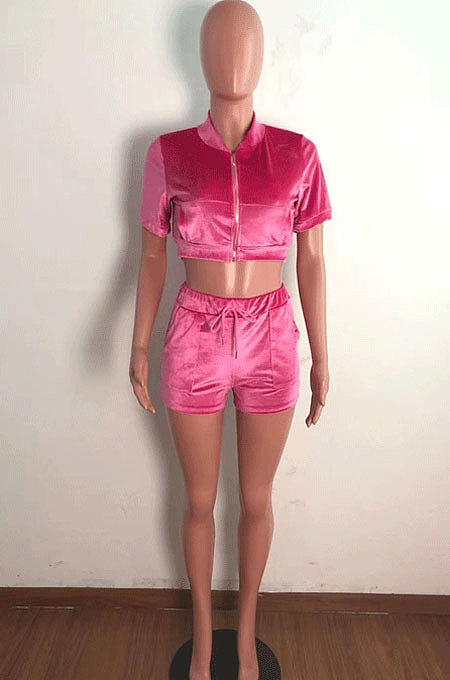 Yellow Velvet Short Sleeve Zip Front Crop Top Shorts Pure Color Sets QZ4351-2
