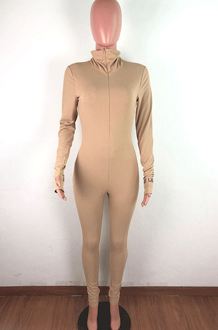 Black Ribber Letter Embroidery Long Sleeve Zipper Slim Fitting Bodycon Jumpsuits QZ6115-7
