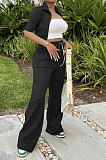 Green Women Casual Solid Color Tops Turn-Down Collar Pants Sets JR3652-4