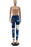 SUPER WHOLESALE|Drak Blue Wholesale Women Print Spliced Mid Waist Jean Pants LSZ9066-2