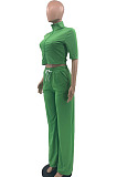 Green Women Casual Solid Color Tops Turn-Down Collar Pants Sets JR3652-4