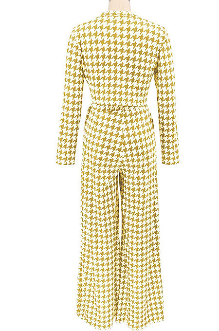 Yellow Euramerican Autumn Winter Women Plaid Printing Long Sleeve Round Collar Loose Pants Sets KZ2139-1