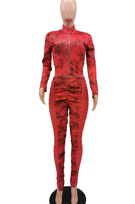 Green Wholesale Print Long Sleeve Zip Front Mesh Spliced Ruffle Hip Pants Sport Sets TK6139-1