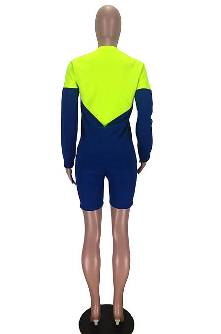  Blue Green Spliced Long Sleeve Round Neck Loose Top Shorts Two-Piece LMM8276-1