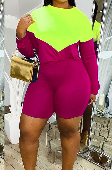 Red Green Spliced Long Sleeve Round Neck Loose Top Shorts Two-Piece LMM8276-2