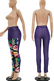 Purple Print Spliced Mid Waist Jean Shift Pants LSZ9058-3