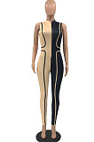 Red Euramerican Women Tight Sleeveless Spliced Zipper Low Waist Bodycon Jumpsuits JR3649-2