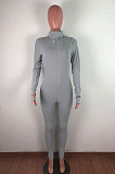 Light Yellow Ribber Letter Embroidery Long Sleeve Zipper Slim Fitting Bodycon Jumpsuits QZ6115-2