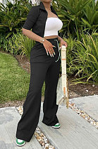 Black Women Casual Solid Color Tops Turn-Down Collar Pants Sets JR3652-1