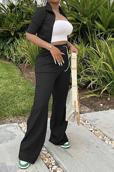 Black Women Casual Solid Color Tops Turn-Down Collar Pants Sets JR3652-1