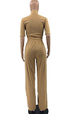 Green Women Casual Solid Color Tops Turn-Down Collar Pants Sets JR3652-4
