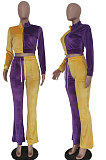 Purple Yellow Wolesale Women Velvet Contrast Color Spliced Long Sleeve Zipper Hoodie Flare Pants Sets TRS1178-1