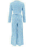Yellow Euramerican Autumn Winter Women Plaid Printing Long Sleeve Round Collar Loose Pants Sets KZ2139-1