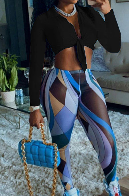 Black Modest Long Sleeve Bandage Crop Top Digital Print Pencil Pants Two-Piece MN8381-3