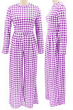 Black Euramerican Autumn Winter Women Plaid Printing Long Sleeve Round Collar Loose Pants Sets KZ2139-4