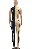 Red Euramerican Women Tight Sleeveless Spliced Zipper Low Waist Bodycon Jumpsuits JR3649-2