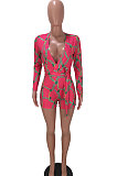 Rose Red Digital Print Long Sleeve Deep V Neck Bandage Romper Shorts LMM8275