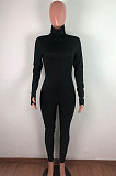Light Yellow Ribber Letter Embroidery Long Sleeve Zipper Slim Fitting Bodycon Jumpsuits QZ6115-2