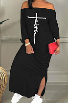 Black Cute Pattern A Word Shoulder Long Sleeve Both Sides Split Dress BBN199-2
