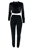 Peacock Blue Euramerican Women Casual Solid Color Long Sleeve Hooded Zipper Crop Bodycon Pants Sets MLM9077-5