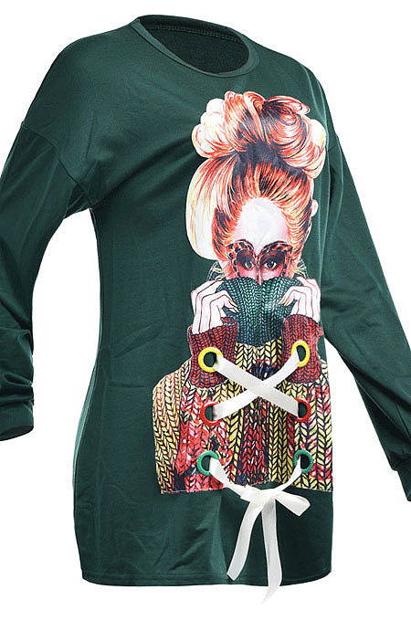Gray Fashion Pattern Print Long Sleeve Loose T Shirt Dress QZ5210-1