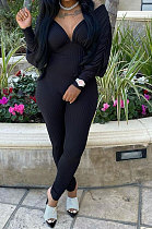 Black Women Autumn Women Solid Color V Collar Batwing Sleeve Collect Waist Back Hollow Out Bodycon Jumpsuits SMY8111-2