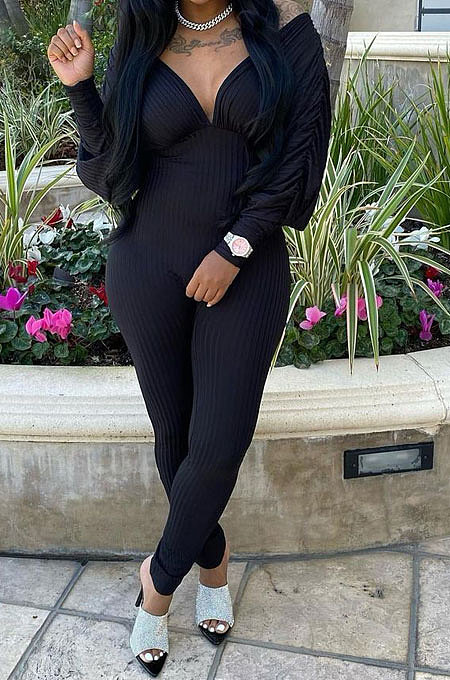 Black Women Autumn Women Solid Color V Collar Batwing Sleeve Collect Waist Back Hollow Out Bodycon Jumpsuits SMY8111-2