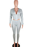 Gray Euramerican Women Solid Color Zipper Long Sleeve Hooded Dew Chest Bodycon Pants Sets SMY81113-1