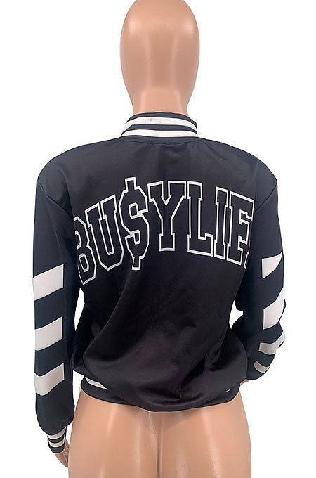 Black Modest Letter Print Long Sleeve Front Botton Coat QSS51043-3