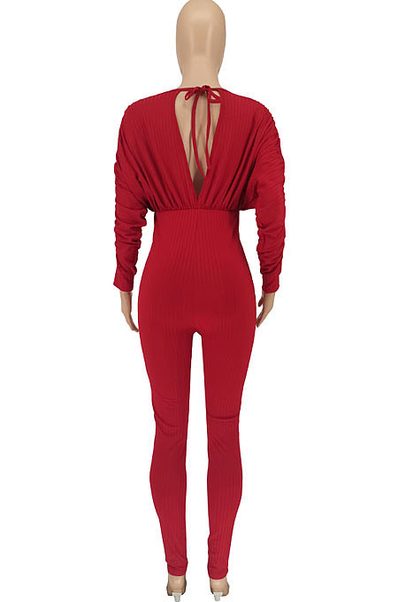 Red Women Autumn Women Solid Color V Collar Batwing Sleeve Collect Waist Back Hollow Out Bodycon Jumpsuits SMY8111-1