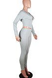 Gray Euramerican Women Solid Color Zipper Long Sleeve Hooded Dew Chest Bodycon Pants Sets SMY81113-1
