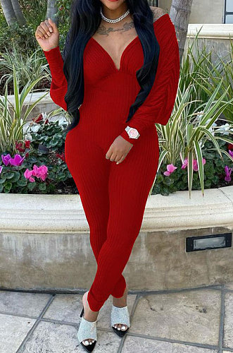 Red Women Autumn Women Solid Color V Collar Batwing Sleeve Collect Waist Back Hollow Out Bodycon Jumpsuits SMY8111-1