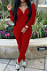Red Women Autumn Women Solid Color V Collar Batwing Sleeve Collect Waist Back Hollow Out Bodycon Jumpsuits SMY8111-1