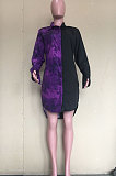 Black Digital Print Spliced Long Sleeve Single-Breasted Shirt Dress ORY5204 