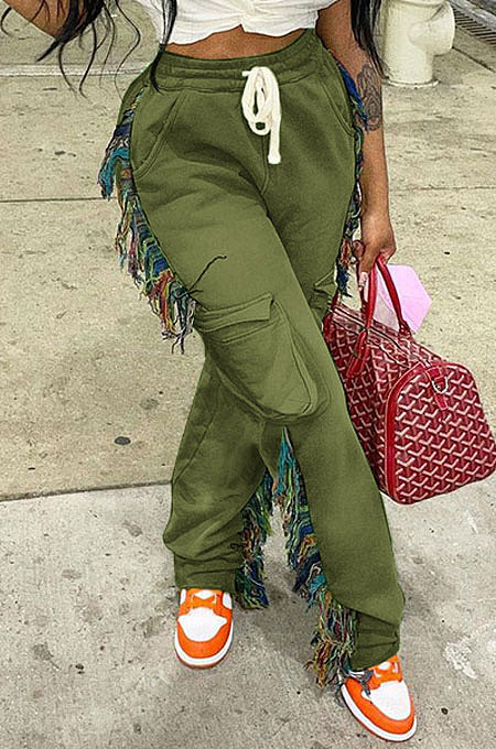Army Green Euramerican Casual Fashion Pure Color Stereoscopic Pocket Tassel Tied Long Pants MLM9076-6