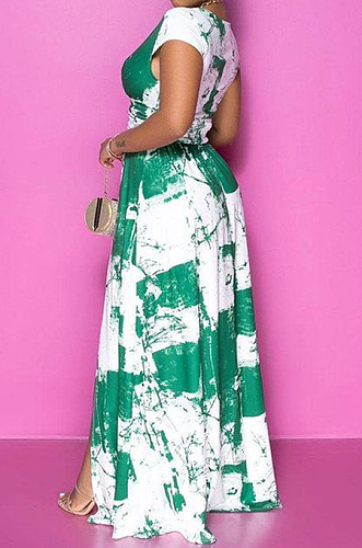 Cyan Green Summer Sexy Digital Print V Collar Split Maxi Dress SZS8047-3