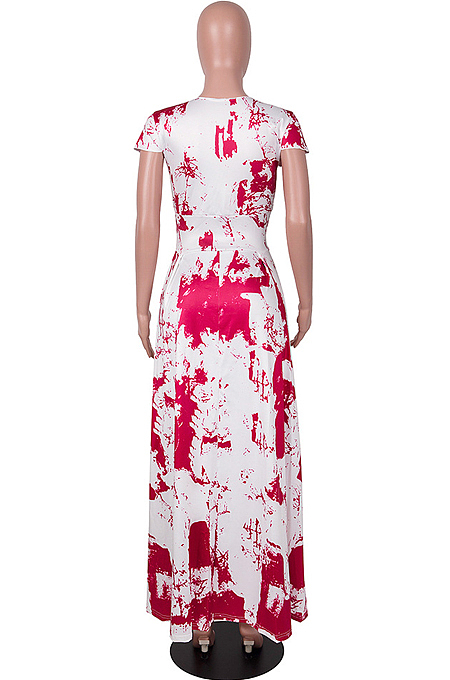 Wine Red Summer Sexy Digital Print V Collar Split Maxi Dress SZS8047-1
