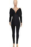 Black Women Autumn Women Solid Color V Collar Batwing Sleeve Collect Waist Back Hollow Out Bodycon Jumpsuits SMY8111-2
