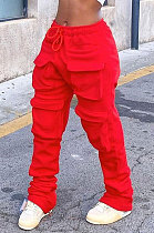 Red Women Pure Color More Pocket Mid Waist Long Pants SMY8063-1