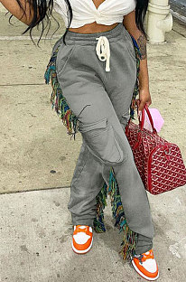 Gray Euramerican Casual Fashion Pure Color Stereoscopic Pocket Tassel Tied Long Pants MLM9076-2