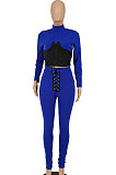 Wine Red Euramerican Women Solid Color Spliced Tight Sexy Tied Bandage Zipper Pants Sets HZF57801-2