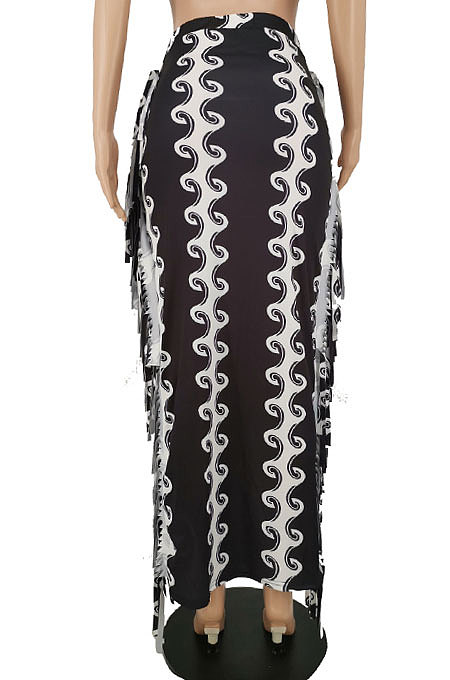 Black Euramerican Casual Tassel Black White Printing Sexy Skirts HZF57807
