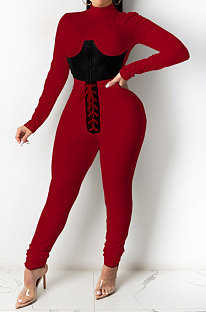 Wine Red Euramerican Women Solid Color Spliced Tight Sexy Tied Bandage Zipper Pants Sets HZF57801-2