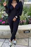 Blue Women Autumn Women Solid Color V Collar Batwing Sleeve Collect Waist Back Hollow Out Bodycon Jumpsuits SMY8111-3